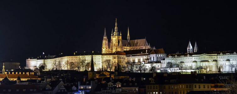 布拉格城堡和圣圣维特大教堂的看法在夜照明。布拉格, 捷克共和国