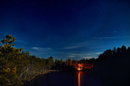 湖边森林里的篝火, 夜空中繁星闪烁
