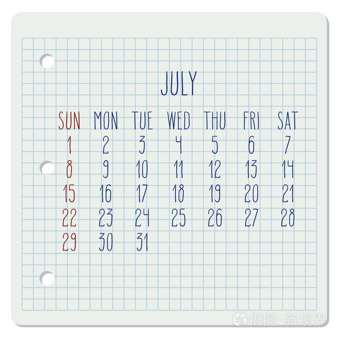 7月年2018向量日历在一个正方形笔记页.星期从星期日开始.手写排版