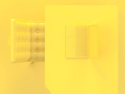 笔记本电脑上的桌子和椅子黄颜色的顶部视图与复制空间为您的文本。最小概念3d 渲染