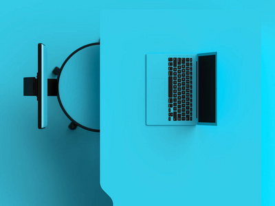 最小的概念, 笔记本电脑上的桌子和椅子上的蓝颜色的顶部视图与复制空间为您的文本。3d 渲染