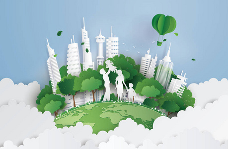 绿色城市与家庭纸艺数码工艺风格的概念