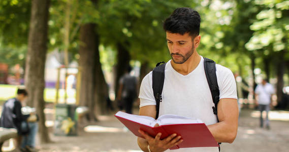 英俊的年轻人读书在大学庭院里