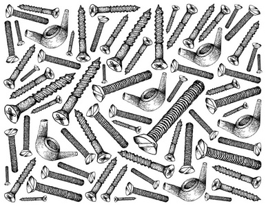 斜齿轮制造和工业, 插画手绘素描壁纸背景的木螺丝, 机器螺丝和机翼