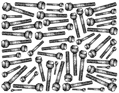 帽螺丝制造和工业, 插画手绘素描壁纸背景的六角螺栓, 六角帽螺钉或