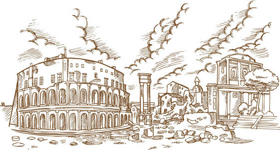 马塞勒斯古剧场全景-矢量插画手画照片