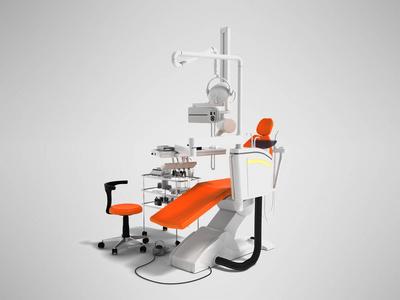 现代橙色椅子为牙医与白色床边桌与工具和背光为牙科工作3d 渲染灰色背景与阴影