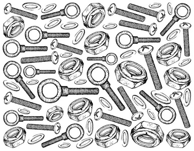 制造和工业, 插画手绘素描壁纸背景的眼睛螺栓, 机器螺丝和尼龙插入