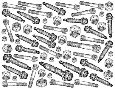 制造和工业, 插图手绘素描墙纸背景的插座螺钉, 货架钻板金属螺丝和城堡螺母。用于将材料固定在一起的紧固件