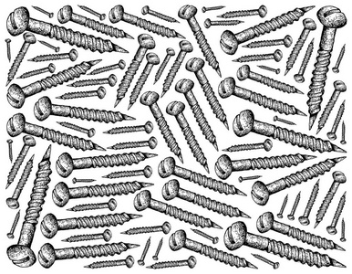 沉木造景制造业和工业, 插画手绘素描壁纸背景的十字槽沉头木螺钉与
