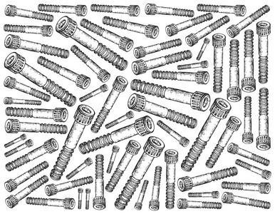 制造和工业, 插图手绘素描墙纸背景的套筒螺钉。一种用于机械零件模具夹具和夹紧的紧固件类型