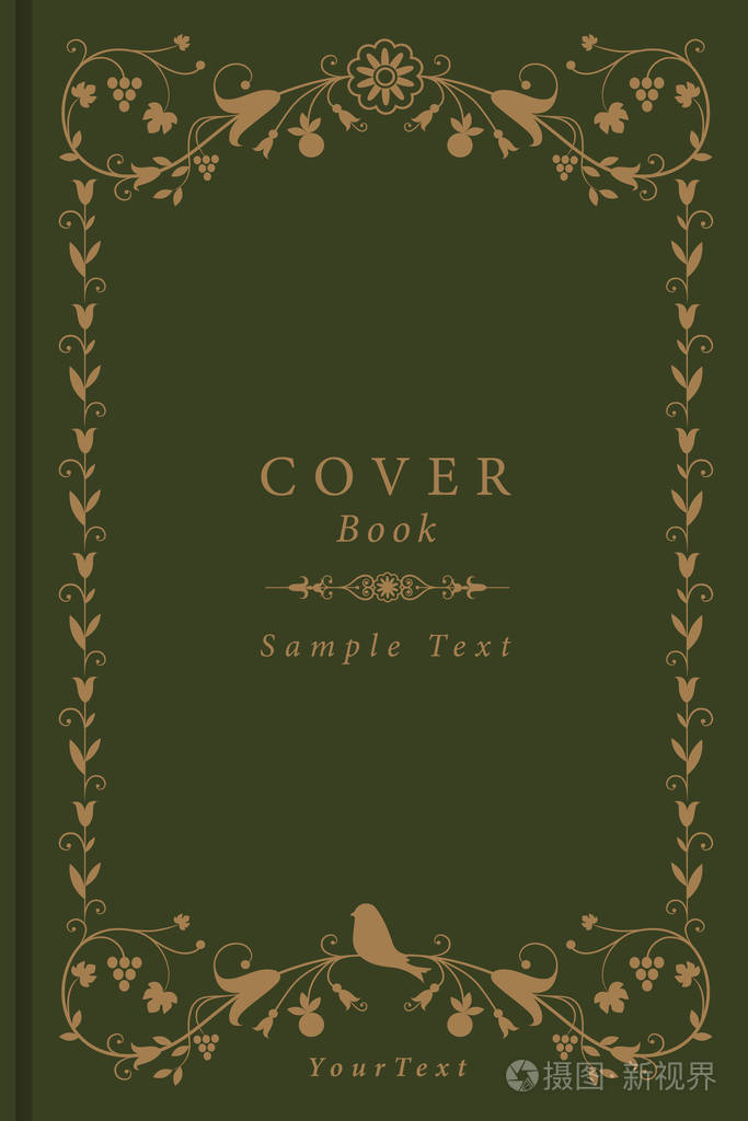 具有观赏元素的复古风格载体的装饰框架书封面: 藤叶,葡萄和鸟