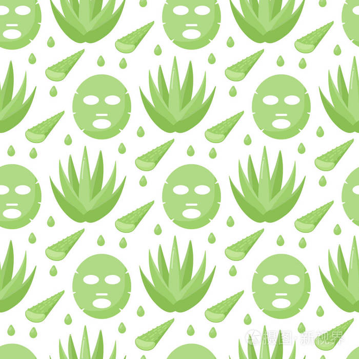 芦荟面膜平无缝图案, 芦荟植物及叶上白色背景, 矢量插画