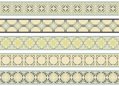 一套五插图装饰边框由抽象元素制成, 米色, 绿色, turqoise, 黄色和蓝色
