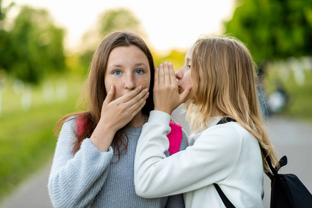 女朋友女生夏天在自然。他们告诉对方一个秘密。令人惊讶的恐惧。惊喜的情绪。穿着休闲服。突然, 愤慨