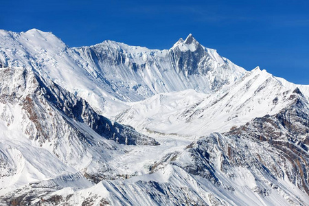 Ganggapurna 全景, 布尔纳范围从冰湖, 方式到 Thorung La 通行证, 圆的布尔纳电路徒步旅行小径, 尼泊尔