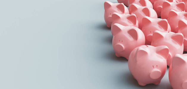 许多粉红色的小猪银行, 省钱, 3d 渲染插图