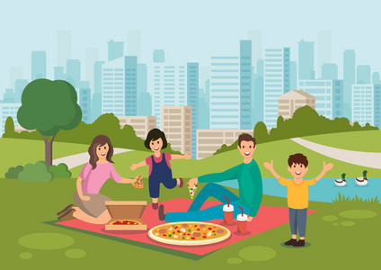 卡通快乐家庭在公园野餐吃比萨饼