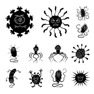 有趣的微生物的类型黑色图标集合中的设计。微生物病原体载体标志物网插图