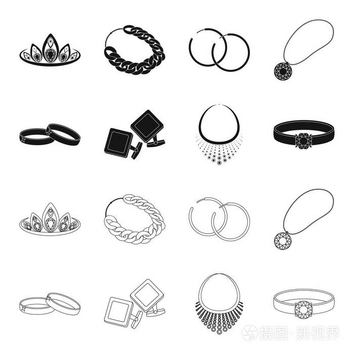 结婚戒指, 袖口链接, 钻石项链, 妇女戒指与石头。首饰和配件集合图标在黑色, 轮廓样式矢量符号股票插画网站