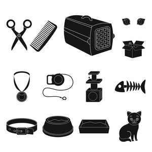 一个动物猫黑色的图标集合中的设计。关怀猫矢量符号股票 web 插图