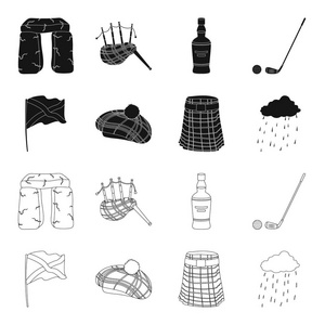 旗帜, 苏格兰短裙, 阴雨天气, 帽子。苏格兰国家集合图标在黑色, 轮廓样式矢量符号股票插画网站