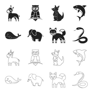 鲸鱼, 大象, 蛇, 狐狸。动物集合图标黑色, 轮廓样式矢量符号股票插画网站