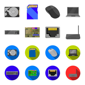 键盘路由器主板和连接器。个人计算机集合图标在卡通, 平面式矢量符号股票插画网站