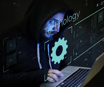 严重的黑客人使用笔记本电脑在黑暗的房间, 手 toucpad, 霓虹灯文本 技术