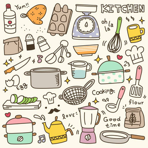 一套可爱的厨房香料和器皿涂鸦