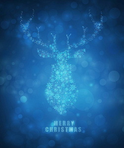 圣诞贺卡与魔术鹿蓝色背景。矢量插图