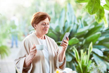 快乐成熟的女人发短信在智能手机, 而在早晨茶之间的绿色植物在橘园