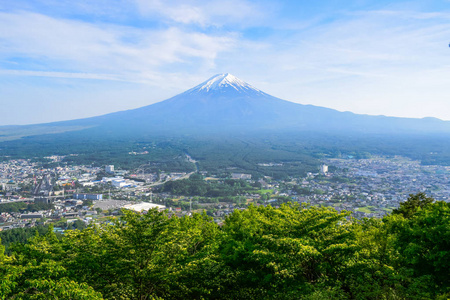 从日本河口 Kachi Kachi 索道顶部的 Tenjo 山公园看富士山景观