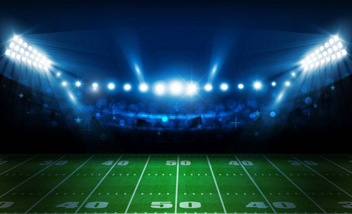 美国足球场球场明亮的体育场灯设计。矢量照明