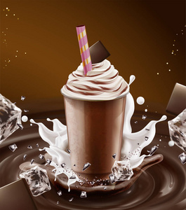 巧克力糖浆冰剃光样机与奶油顶和飞溅冰块在3d 插图