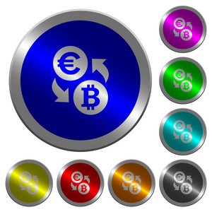 欧元比特币货币交换图标圆形发光硬币状颜色钢按钮