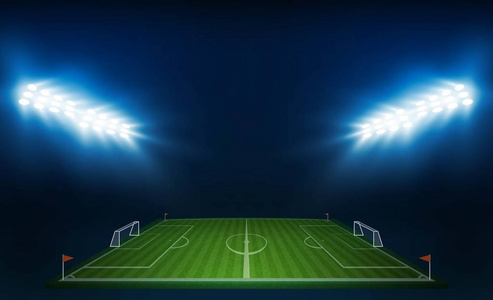 足球场球场有明亮的体育场灯矢量设计。矢量照明