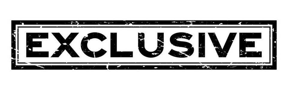 白色背景上的黑色独家字方形橡皮印章邮票照片