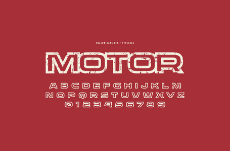 空心无衬线字体的赛车风格。用于徽标和标题设计的粗纹理的字母和数字