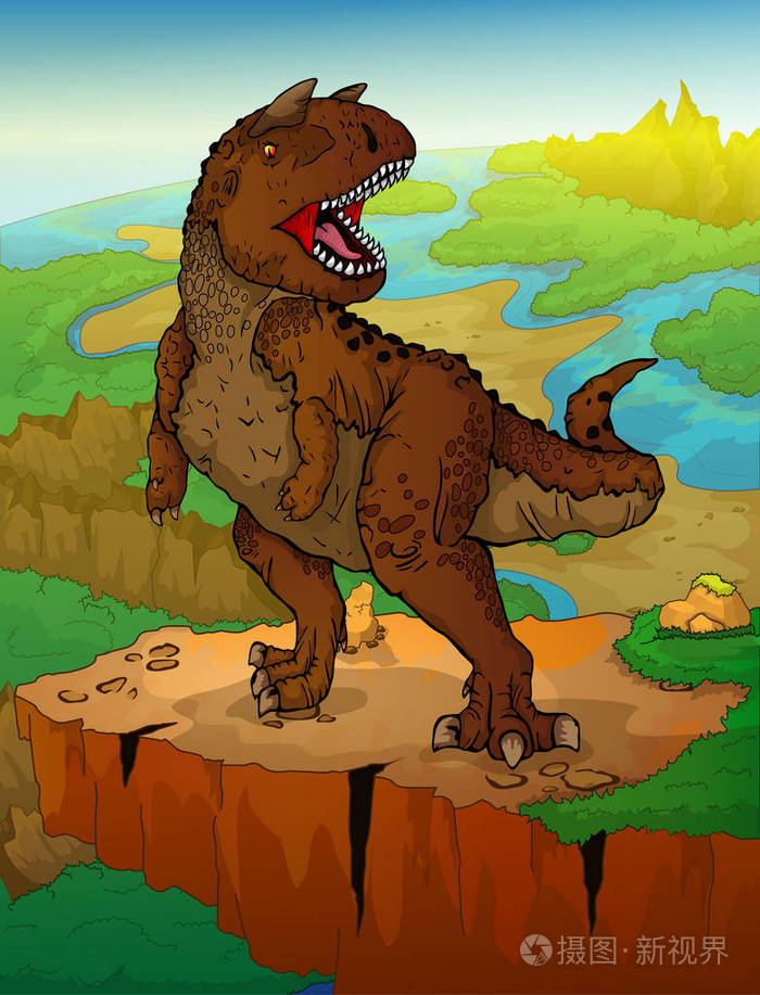 carnotaur 的景观背景.卡通恐龙的矢量插画