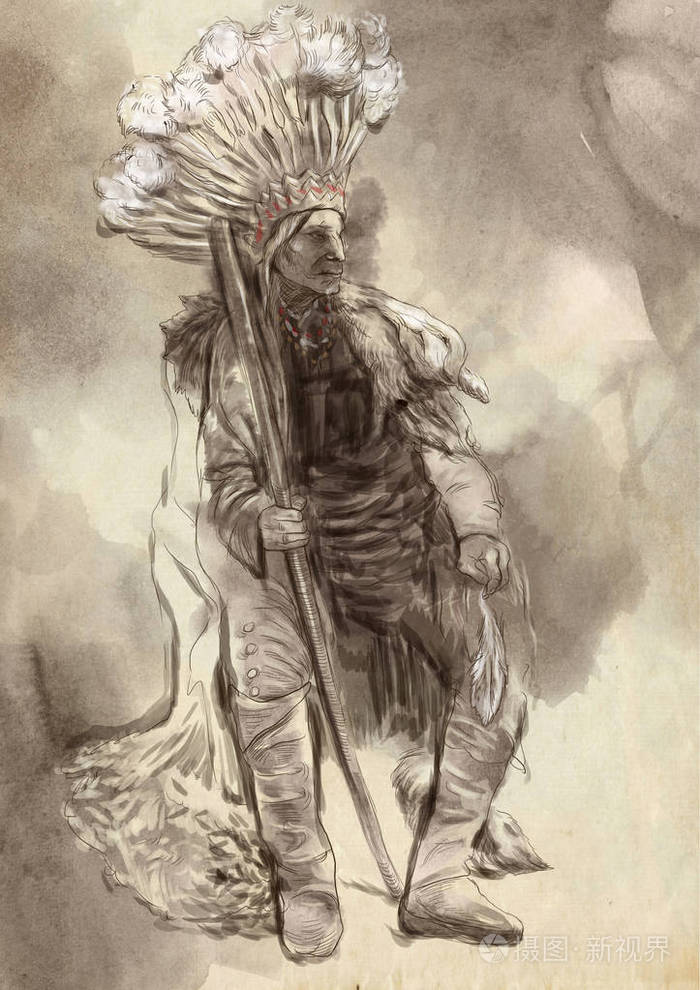印度酋长, 北美原住民肖像.手绘插图.数字绘图技术