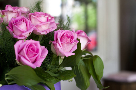 粉红色玫瑰特写。一束粉红色的玫瑰在一个美丽的包装盒。丁香花盒中的娇嫩粉红色玫瑰