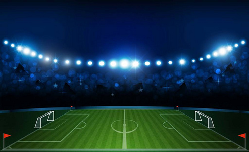 足球场球场有明亮的体育场灯设计。矢量照明