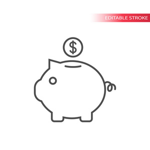 省钱概念图标。瘦线小猪银行图标, 轮廓, 完全可编辑