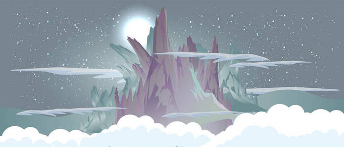 山在云彩在夜与月亮和星风景矢量平面插图设计