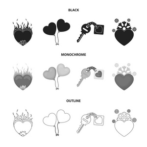 热的心, 气球, 一把钥匙带着魅力, 一颗冰冷的心。浪漫集合图标黑色, 单色, 轮廓样式矢量符号股票插画网站