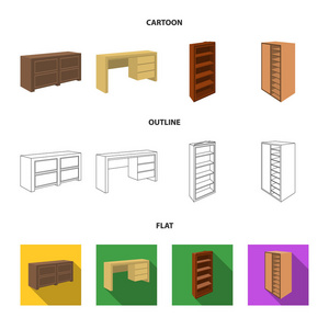 衣柜里有镜子, 衣柜, 搁着夹层。卧室家具集合图标在卡通, 轮廓, 平面风格矢量符号股票插画网站