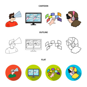 手, 监视器, 耳机, 女人。虚拟现实集合图标在卡通, 轮廓, 平面风格矢量符号股票插画网站