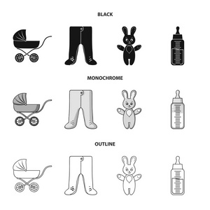 婴儿推车, 带奶嘴的瓶子, 玩具, 滑块。婴儿出生集合图标黑色, 单色, 轮廓样式矢量符号股票插画网站