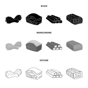 鸡腿, podcherevina, 蟹棍, 肉饼。肉类集合图标黑色, 单色, 轮廓样式矢量符号股票插画网站